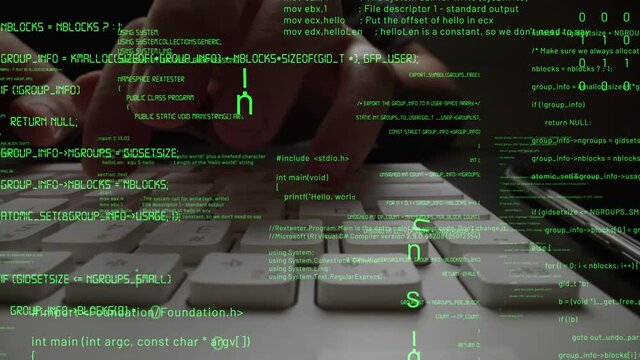 Creative visual of computer programming coding and software development shown by man working on computer keyboard with overlay of computer graphic displaying abstract program codes and computer script