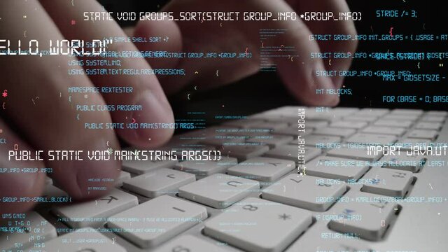 Creative visual of computer programming coding and software development shown by man working on computer keyboard with overlay of computer graphic displaying abstract program codes and computer script