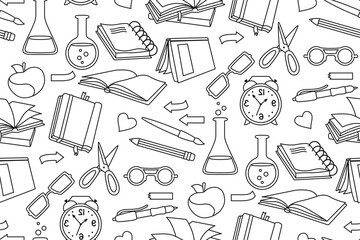 Back to School doodle sketch cartoon seamless pattern. Learning school line textile. First day of school equipment, Education concept icon. Chemistry, sketchbook, glasses, scissors office vector
