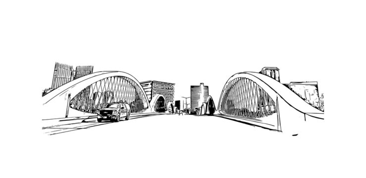 black and white city bridge with cars clip art preview