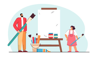 Female student studying drawing with male teacher. Cartoon man and girl holding painting brushes, standing next to easel with blank canvas flat vector illustration. Art, study, teaching concept.