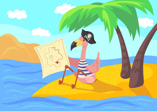 Pirate flamingo on island cartoon illustration. Pink bird in black hat sitting on sand, looking at treasure map with red cross. Palms and ocean in background. Treasure hunting, pirates concept