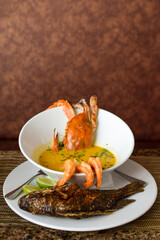 Tapado, sopa de mariscos, leche de coco y platano. Plato Tipico del departamento de Izabal, Guatemala. 