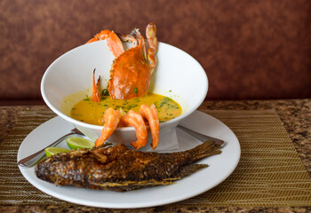 Tapado, sopa de mariscos, leche de coco y platano. Tipico del departamento de Izabal, Guatemala. 