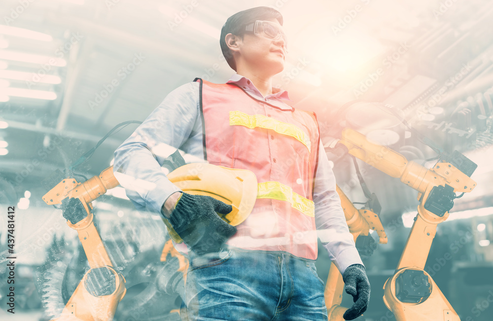 Poster mechanized industry robot arm and factory worker double exposure . concept of robotics technology fo