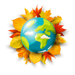 Planet Earth and autumn leaves on white background. Ecological concept. Save forest. Vector illustration.