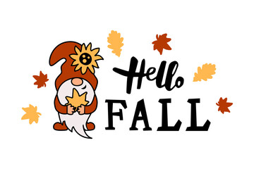 Hello Fall handwritten lettering and cute gnome with fall leaves and sunflower on white background. Vector illustration.