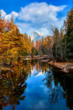 American Landscape in Yosemite National Park, California, United States. Colorful Sunny and Cloudy Sky Art Render.