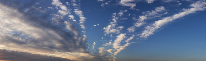 Beautiful Panoramic View of colorful cloudscape during dramatic sunset. Taken in White Rock, Vancouver, British Columbia, Canada.