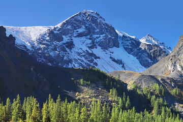 Snow-covered mountain tops on a summer
