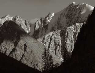Mountain peaks, black and white landscape