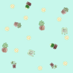 Repeated Cute and Beautiful Potted Plants with Flowers Pattern Drawn by Hand. Design for Textile or Cloth. 