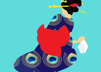 ポップでカラフルな浮世絵 孔雀の羽柄の着物に朱色の帯を着た芸者の後ろ姿のイラスト　ブルー背景