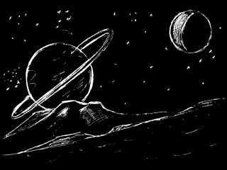 Space landscape, a graphic image in white on a black background