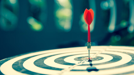Bulls eye or bullseye target or dart board has red dart arrow throw hitting the center of a shooting for business targeting and winning goals business concepts.