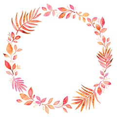 Fototapeta na wymiar light coral wreath of autumn leaves painted with a brush and watercolor on a white background. background for your text or logo.