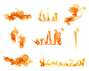 Fire flames collection on a white background.