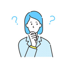 悩んで顎に手をあてるスーツ姿の若い女性のイラスト