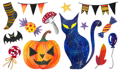 Set of illustrations for halloween. Festive pumpkin, witch cat, bat, garlands and sweets. Isolated decoration on a white background. Autumn celebration watercolor elements.