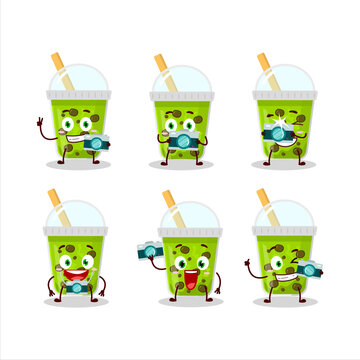 Photographer profession emoticon with melon milk with boba cartoon character