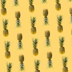Levitating natural organic pineapples summer concept. Creative pattern made of many fresh exotic ananas against illuminated yellow background.