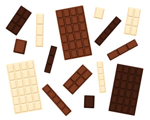 Vector set of different chocolate bars. Sweets in a cartoon style. White, milk, bitter chocolate isolated on white background
