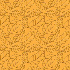 Tropical leaves seamless texture outline vector pattern isolated on golden yellow background. Hand Drawing Exotic banana leaf outline vector.