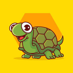 Cartoon cute smiling tortoise crawling on hexagon background 