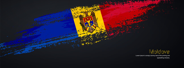 Grunge brush of Moldova flag on shiny black background. Creative glitter sparkle brush paint vector illustration
