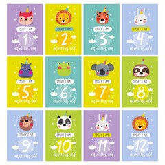 Cote Birthday stickers with animals for baby. Vector stickers for Bby Shower. Avesome vector an
imalface. Vector pint with fox, lion, hippo, panda, frog, bear,  bunny, sloth, koala - obrazy, fototapety, plakaty