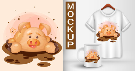 Pig splashes in a puddle of mud. Illustration.