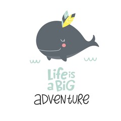 Cute whale hand drawn print. Cartoon Whale loves adventure. 