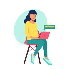 Fototapeta na wymiar Home office during coronavirus outbreak concept, woman works from home with laptop. Vector illustration in flat style. Stay at home. Concept illustration for working, freelancing, studying, education