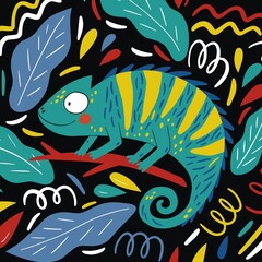 Fototapeta premium Cute hand drawn Cartoon chameleon. Summer vector print with cartoon chameleon. Doodle style design elements. 