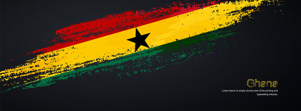Grunge brush of Ghana flag on shiny black background. Creative glitter sparkle brush paint vector illustration