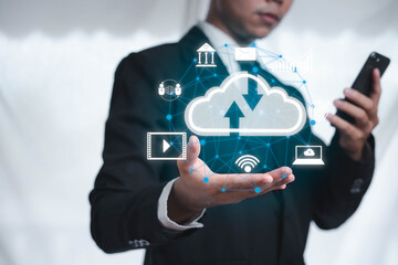 Businessman use smartphone to connect to cloud computing is backed up and ready to go wirelessly security Anti-theft of portable online communication. Concept internet of things digital global network