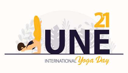 Beautiful woman doing yoga or asana for 21 June International Yoga Day Celebration poster or banner on flower background. 