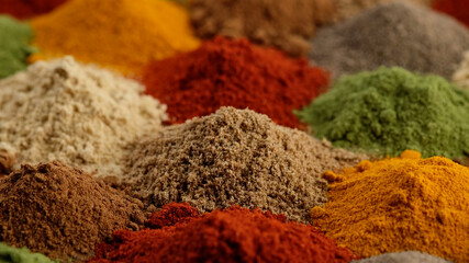various multicolored spices top view. assorted fresh spices and herbs close up