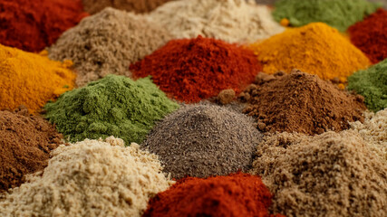 All spices. Various Spices and herbs close up. Assortment of Seasonings, Dry colorful condiments