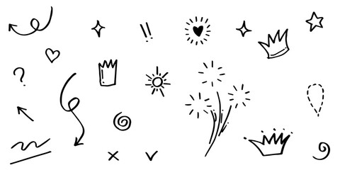 hand drawn set of curly swishes, swashes, swoops. Abstract arrows,  Arrow, heart, love, star, leaf, sun, light, crown, king, queen, on doodle style for concept design. vector illustration.