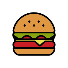 Burger Vector Icon in Filled Outline Style. Hamburger is a sandwich consisting of one or more cooked patties of ground meat, usually beef, placed inside a sliced bread roll or bun. Vector icon.