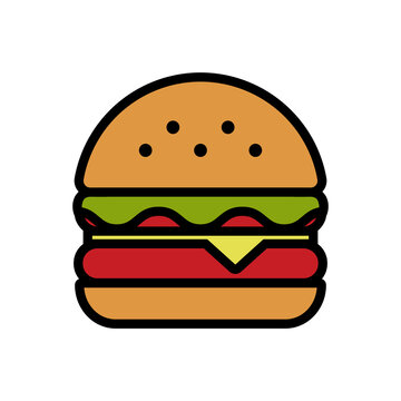 Burger Vector Icon in Filled Outline Style. Hamburger is a sandwich consisting of one or more cooked patties of ground meat, usually beef, placed inside a sliced bread roll or bun. Vector icon.