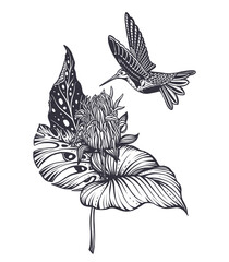 Vector composition with tropical flowers, hummingbird, jungle palm, exotic leaves.