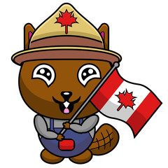 beaver mascot cartoon character illustration with canada flag