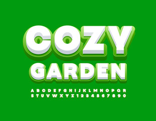 Vector natural emblem Cozy Garden with White and Green Font. Modern Alphabet Letters and Numbers