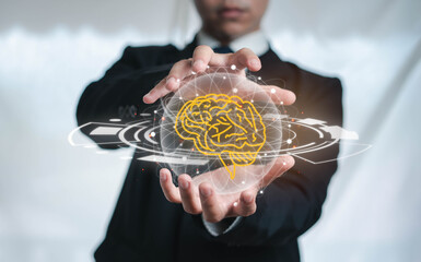 A business man holding a abstract brain hologram uses circular network communication with people...