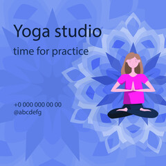 Young women doing yoga poses. Poster or banner for yoga studio. Flat cartoon style. Vector illustration
