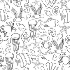 Hand drawn underwater natural elements. Seamless pattern with reef corals. Sea bottom monochrome texture. Vector sketch. Ocean vector seamless pattern.
