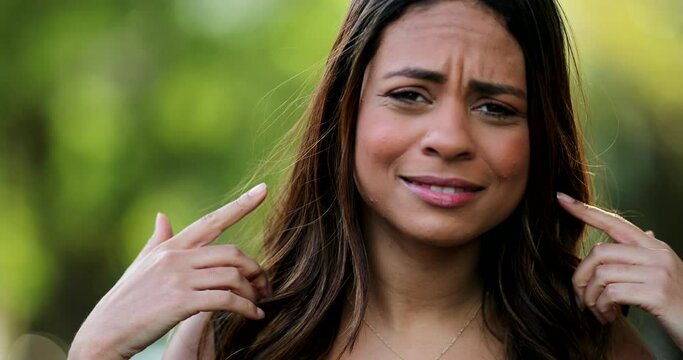 Woman objection refusal. Person in negation. Confused woman refusing offer