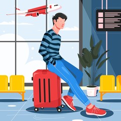 man sitting in a suitcase at the airport illustration